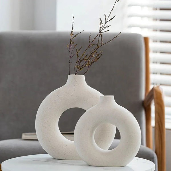 Vase Decoratif en Ceramique,Décoration Salon Lot de 2 Vase De Forme Ronde d'art Moderne,Vase Design Blanc pour La Chambre à