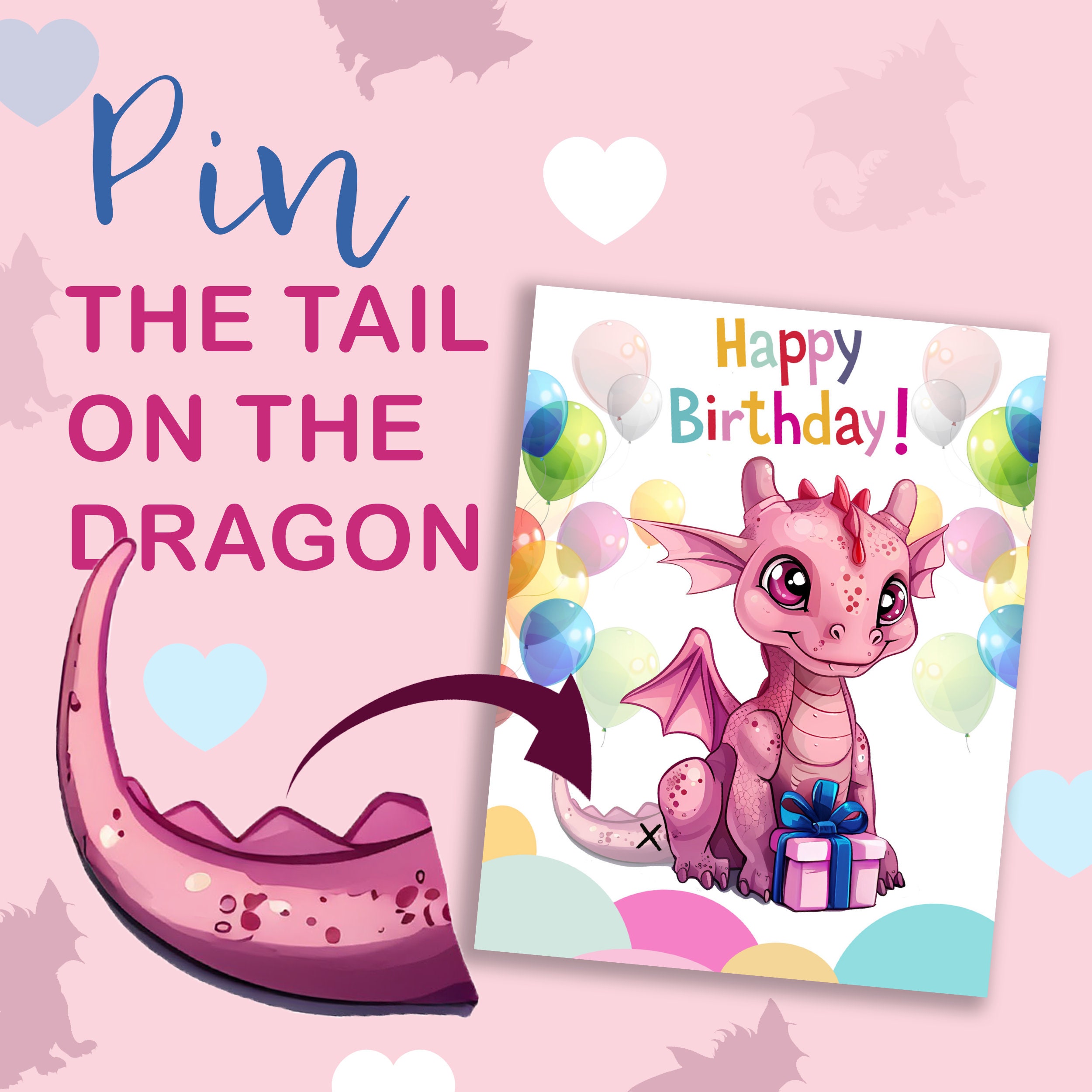 Pin the Tail on the Dragon DIY Party Game for Boys and Girls, Digital Printable Files Only, Pink ...