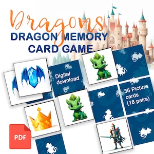 Peut inclure: Un jeu de mémoire de cartes de dragons à télécharger numériquement. Le jeu comprend 36 cartes illustrées (18 paires) avec des images de dragons, de couronnes et d'autres éléments fantastiques. Le jeu est conçu pour les enfants et les adultes.