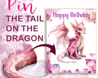 May include: Pink dragon tail pin the tail on the dragon game with a pink dragon and a pink tail on a white background with pink crystals.