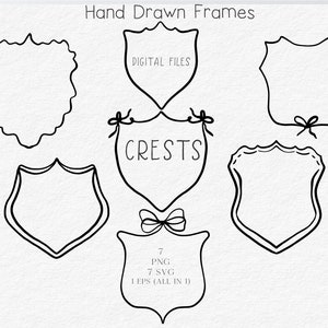 Molduras de brasão desenhadas à mão, ilustração de brasão de casamento SVG PNG, moldura desenhada à mão com moldura de rabisco, convite de casamento com impressão preta e rabisco