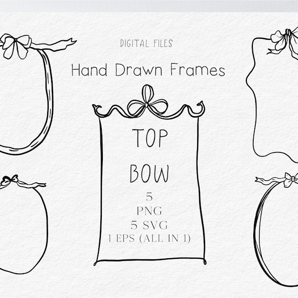 Hand Drawn Bow Frames Illustration SVG PNG Hand Drawn Frame with Doodle Frame, Bow Lines Design, Scribble Black Print Wedding Invitation