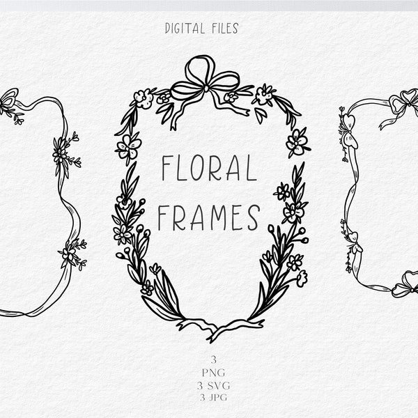 Vintage Floral  Bow Frames  Hand-Drawn Frames PNG SVG JPG Grand millennial Frame