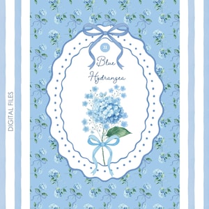 Clipart hortensia bleu - aquarelle de fleurs, chinoiseries noeud Clip Art, graphisme numérique floral vintage, grand millénaire