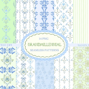 Adrette blau grüne Chinoiserie Muster | Grandmillennial Digital Paper Pack | Toile, Floral, Stripe Nahtlose Hintergründe für Junk Journals