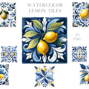Clipart de azulejos de limão em aquarela, azul amarelo, clipart em aquarela