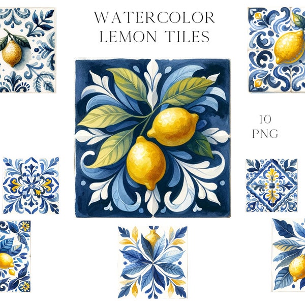 Watercolor lemon tiles clipart, blue yellow, watercolor clipart