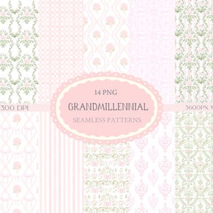 Digitalt papper med rosa och gröna Chinoiseriemotiv | Grandmillennial blommönster (PNG)