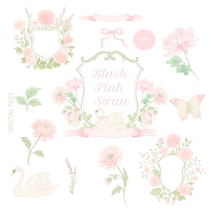 Aquarela Blush Flores Rosa Brasão DIY Cisne PNG Flores Silvestres Aquarela Clipart Conjunto de Brasão Floral Vintage, Grandes Gráficos Digitais Millennials