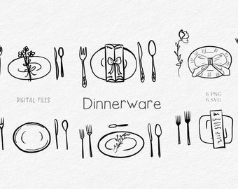 Dinnerware Illustration  SVG PNG - Hand Drawn Wedding Invitation Card Tableware Icon, Drawing line art Spoon Plate Fork Art