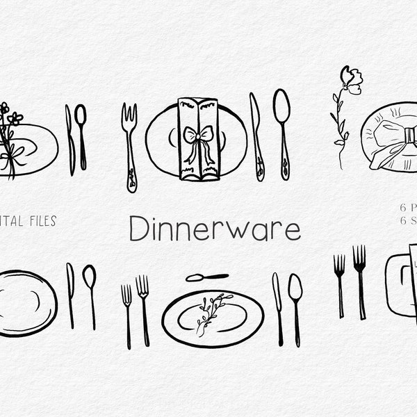 Dinnerware Illustration  SVG PNG - Hand Drawn Wedding Invitation Card Tableware Icon, Drawing line art Spoon Plate Fork Art