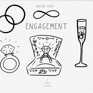 Anillos de compromiso dibujados a mano, imágenes prediseñadas de propuesta, anillo de bodas SVG PNG, infinito, icono de anillos, archivo de corte de anillo de novia, silueta