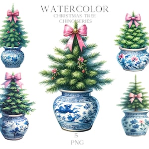水彩画のクリスマスツリー、青いシノワズリー、ピンクのリボン付きクリップアートPNGグランドミレニアル