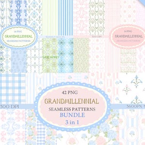 Bundle 3 in 1 Preppy Seamless Patterns | Grandmillennial Digital Paper Pack | Toile, Floral, Stripe Seamless Backgrounds for Junk Journals