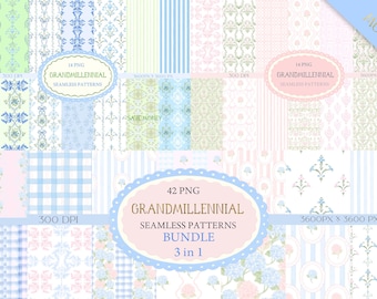 Preppy Grandmillennial Seamless Patterns | Floral, Toile, Stripe (PNG Digital Paper)