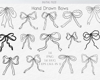 Bows Illustration SVG PNG Bundle Hand Drawn Ribbon Art  Bow Lines Design Icon, Drawing Print, Wedding Invitation, Baby invitations