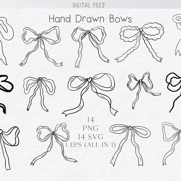 Bows Illustration SVG PNG Bundle Hand Drawn Ribbon Art  Bow Lines Design Icon, Drawing Print, Wedding Invitation, Baby invitations