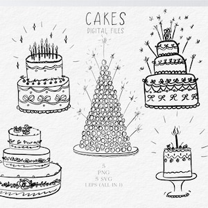 ケーキのイラスト SVG PNG ウェディングケーキの落書きアートボウラインデザインアイコン、描画プリント、結婚式招待状、赤ちゃん招待状