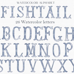 Aquarel letters fishetail blauwe bruiloft monogram letters voor kuif. Aquarelalfabet, vintage stoffige lichtblauwe DIY-babyinitialen