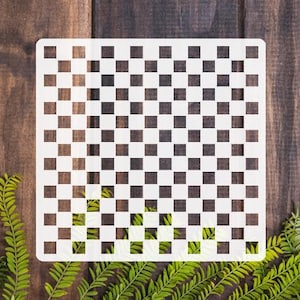 May include: A white square stencil with a checkerboard pattern of black and white squares. The stencil is on a dark brown wooden surface, with green fern leaves in the foreground.