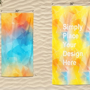May include: Two beach towels with a geometric pattern in shades of yellow, orange, and blue. The larger towel is 36 inches by 72 inches and has the text "Simply Place Your Design Here". The smaller towel is 30 inches by 60 inches.