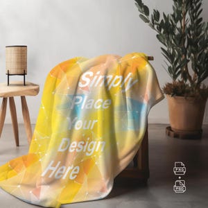 Blanket on chair Mockup, Velveteen Plush Blanket, Minky Blanket, PSD smart object, PNG Canva Drag & Drop, Transparent Blank Printify mockup