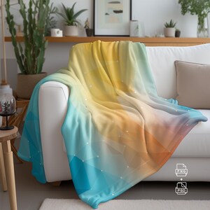 Blanket on sofa Mockup, Velveteen Plush Blanket, Minky Blanket, PSD smart object, PNG Canva Drag & Drop, Transparent Blank Printify mockup