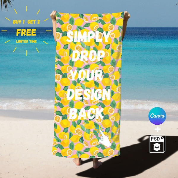 Realistic 30x60 Beach Towel Mockup - Vertical - Canva Edit + PSD Photoshop Smart Object - PNG Overlay, Photopea, Kittl Edit, Dye sublimation