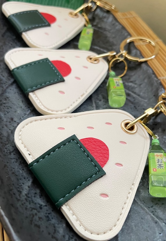 kawaii Sushi Onigiri rice ball Airtag keychain with Japanese green tea bottle charm. Coin case. Bag Luggage tag charm. Birthday,gift for her