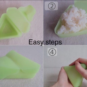 May include: Four steps showing how to use a green silicone mold to make a triangular rice ball. The mold is open in the first image, then filled with rice in the second image, closed in the third image, and then squeezed to form the rice ball in the fourth image.
