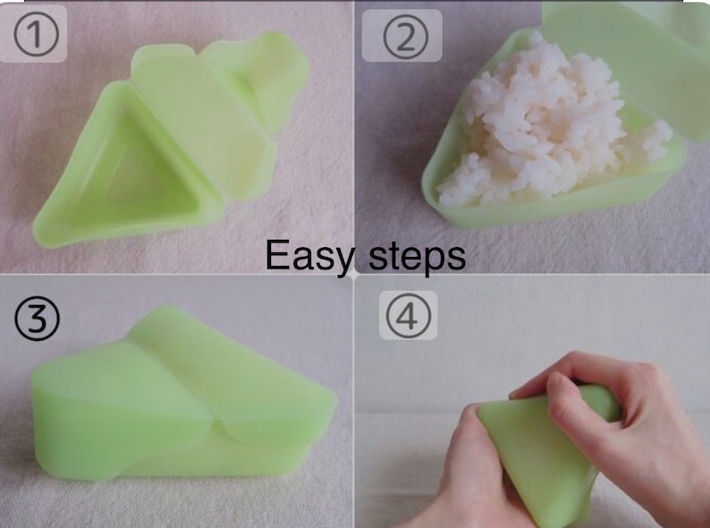 May include: Four steps showing how to use a green silicone mold to make a triangular rice ball. The mold is open in the first image, then filled with rice in the second image, closed in the third image, and then squeezed to form the rice ball in the fourth image.