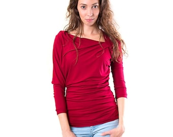 Asymmetric Top, Burgundy Asymmetric Cut Shirt, Summer Vibes Womens Tops, Casual Style Dark red Top, Party Dress For Women