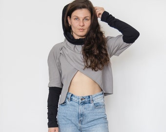 Grijs zwart schouderophalend Bolero, zomer schouderophalend Bolero, open voorkant asymmetrische top, casual stijl bruidsbolero, bolero met lange mouwen