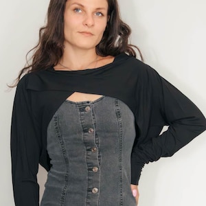 Black Casual Shrug Bolero – Asymmetrical Cotton Cropped Jacket | Elegant Layer for Dresses | Edgy festival outfit