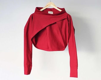 Assymetrical Bolero Shrug,  Long Sleeve Cotton Cardigan, Stylish Asymmetrical Top, Customizable Shrug, Drapey dark red bolero