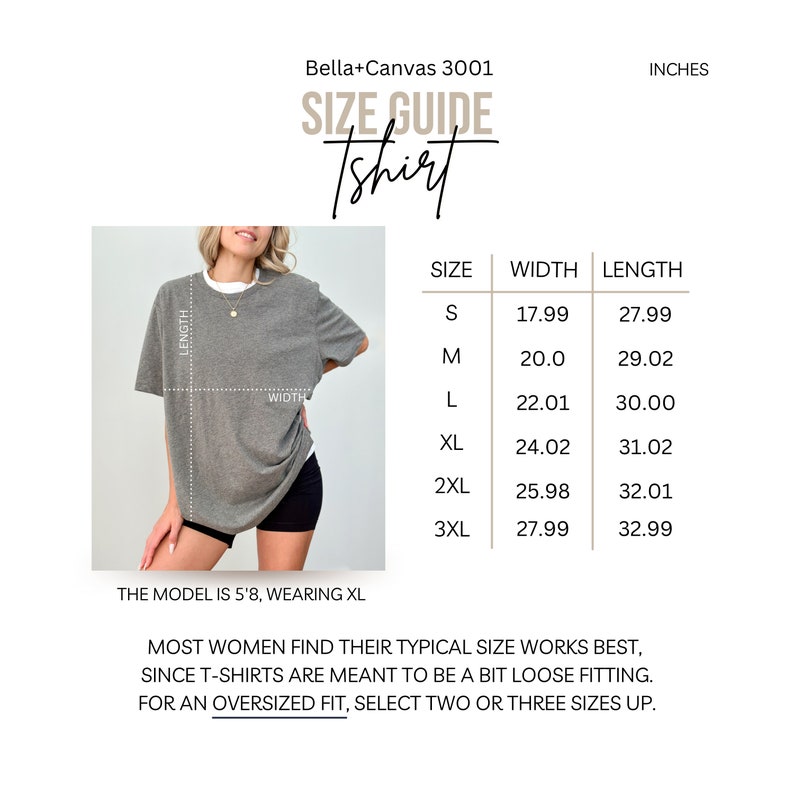 May include: A gray t-shirt with a white collar is shown in a product photo. The image includes a size guide with measurements in inches for sizes S to 3XL. The text on the image reads "SIZE GUIDE Tshirt" and "Bella+Canvas 3001".