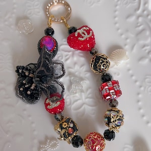 Black Red Hand Painted Beaded Keychain | Bag charm | phone charm | Handmade beads | Unique Beads