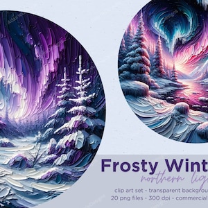 Frosty Winter Northern Lights Clipart, Aurora Borealis Clipart, Fantasy Art, Northern lights bundle, Commercial use