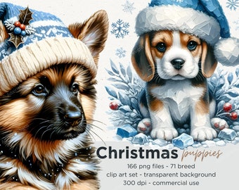 Peut inclure: Deux adorables chiots portant des chapeaux d'hiver. Le chiot berger allemand porte un bonnet bleu et blanc en tricot avec une branche de houx. Le chiot beagle porte un bonnet de Père Noël bleu. Les deux chiots sont assis sur un fond enneigé avec des flocons de neige bleus et blancs.