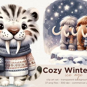 37 Acogedor clipart de la edad de hielo de invierno, clipart de acuarela, gráficos de acuarela de animales de la edad de hielo, mamut, tigre, niños, vacaciones de invierno png