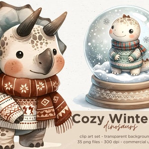 35 clipart aconchegante de dinossauros de inverno, clipart em aquarela, gráficos em aquarela de dinossauros, férias de inverno png, clipart de animais de inverno, comercial