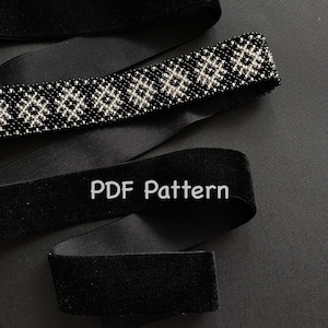 Könnte beinhalten: Nahaufnahme von schwarzem Samtband, Satinband und einem bestickten Band mit geometrischem Muster. Der Text "PDF Pattern" ist auf dem Samtband zu sehen. Der Etsy-Shop-Name "LuluhandmadeUA" ist ebenfalls sichtbar.