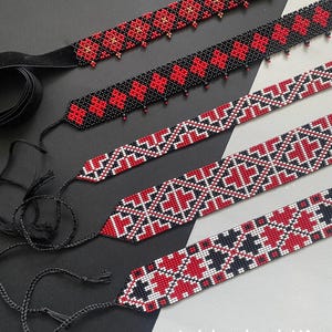 Handmade Seed Bead Choker: Red & Black Loom Necklace, Ukrainian Style. Embroidery collar