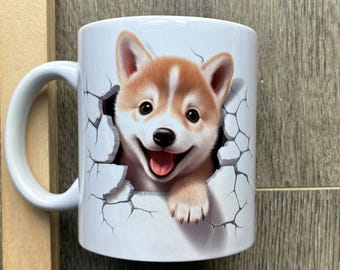 3D Shiba Inu Puppy Mug, Hole In A Wall Ceramic Coffee Mug, Handmade 11oz