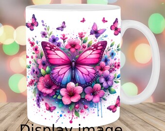 Schmetterling Blumenkeramik Kaffeetasse, Handgemachtes Aquarell Design, 11oz