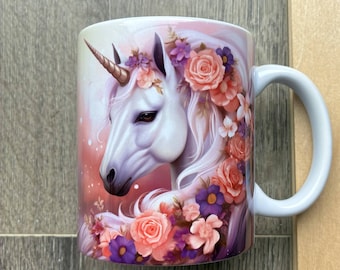 3D Unicorn Floral Ceramic Mug, Pink Purple Flowers Coffee Tea Cup