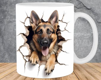 3D German Shepherd Ceramic Mug, Dog Hole In A Wall, Handmade 11oz