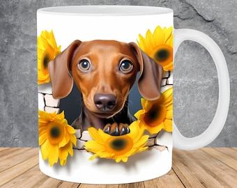 3D Dachshund Dog Sunflowers Hole In A Wall Ceramic Mug, Handmade 11oz Coffee Mug, 3D Dachshund Dog Sunflowers Tea Mug