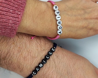 Ensemble de 2 bracelets cordon personnalisés, bracelets prénoms, bracelets pour couple, bracelets d'amitié, cadeau pour deux