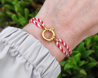 Bracelet cordon fermoir bouée en acier inoxydable doré, bracelet minimaliste, bracelet cordon rouge et blanc